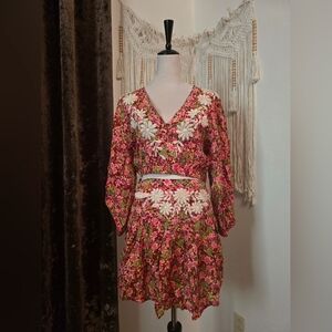 New Free People Embrodered Longsleeve Floral Top & Skirt Set